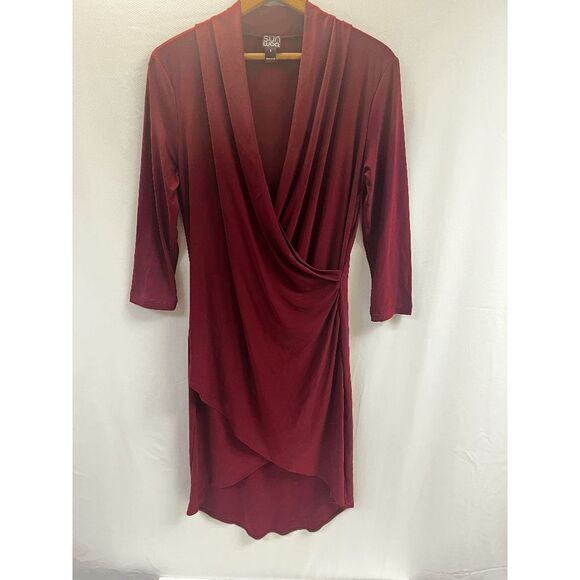 Clara Sun Woo Red Crossover Tulip Hem Faux Wrap Dress Size Small - Picture 3 of 8